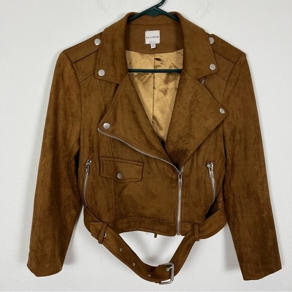 Ellison Faux Leather Brown Suede Moto Jacket- Waist Belt- Size Small - Picture 1 of 3